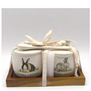 Rae Dunn Jam & Jelly Jars Hoppy Spring Bunny Love w/Spoons on Wooden Tray Easter